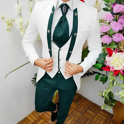Premium Men's Jacquard Suit White 3pcs Set Wedding Groom Tuxedo Shawl Collar Formal Jacket Vest Pants Beach Party Custom Attire