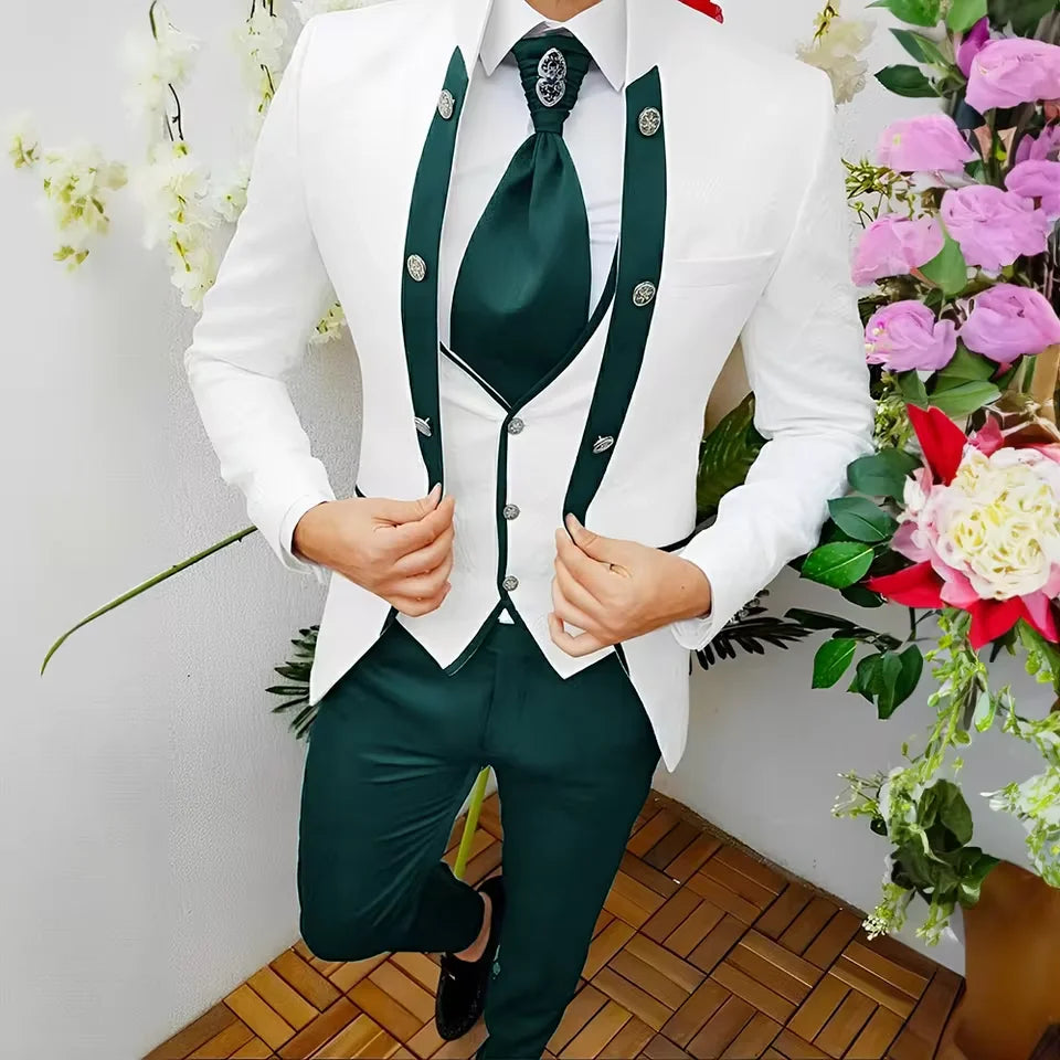 Premium Men's Jacquard Suit White 3pcs Set Wedding Groom Tuxedo Shawl Collar Formal Jacket Vest Pants Beach Party Custom Attire