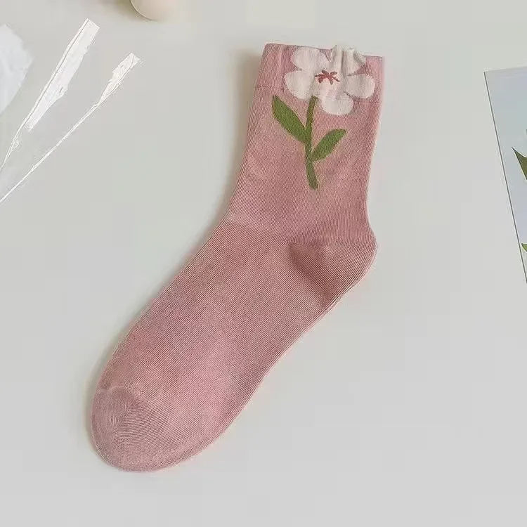 New Style Crew Socks for Women Spring Fashion Cute Flower Long Cotton Socks Japanese Style Breathable Casual Trendy Absorb Sweat