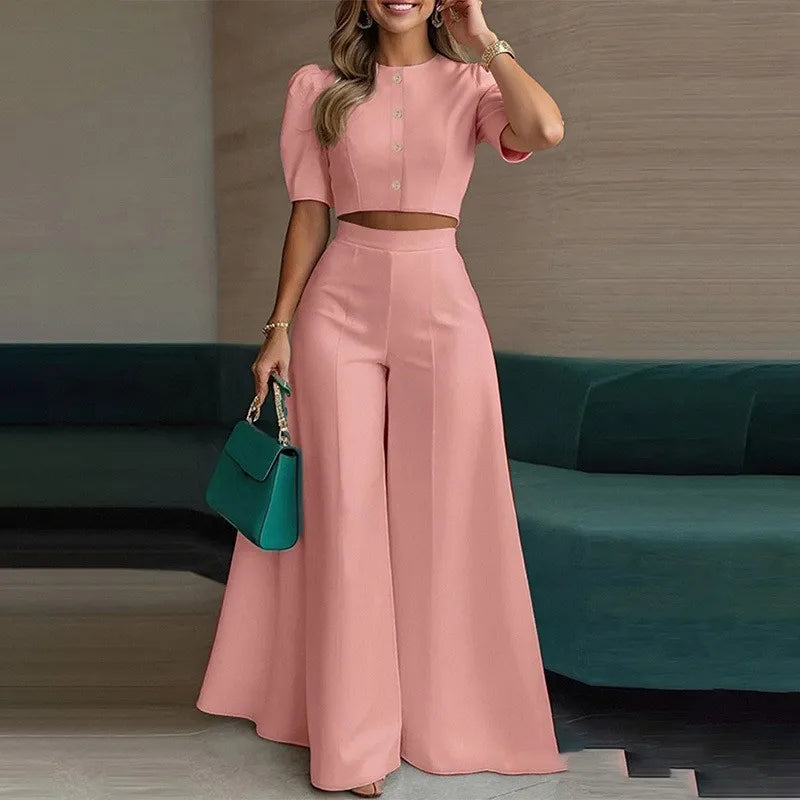 Elegant Solid Color 2 Piece Set 2026 Summer Short Sleeve Button-Down Crop Blouse Top+High Waist WideLeg Pants Set Casual Outfits
