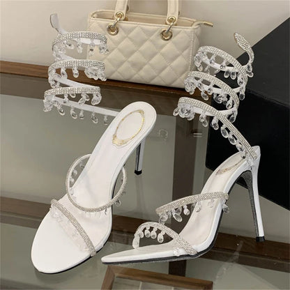 Eilyken Sexy Design Pendant Crystal Diamond Thin High Heels Women Sandals Street Style Ankle Strap Banquet Prom Shoes