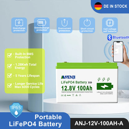 ANENJI 25.6V 100AH LiFePo4 Battery 24V 12V 100AH 1.256KWH 2.56KWH Grade A Cells Lithium Iron Phosphate Battery BMS 6000+ Cycle for Golf Cart