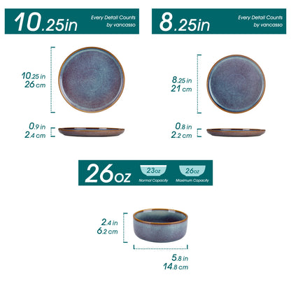 Vancasso 12/16/18/24 Piece Grey-Blue Reactive Glaze Stoneware Plates Set Dinnerware Sets with 4/6 Pcs Dinner Plate/Dessert/Bowl