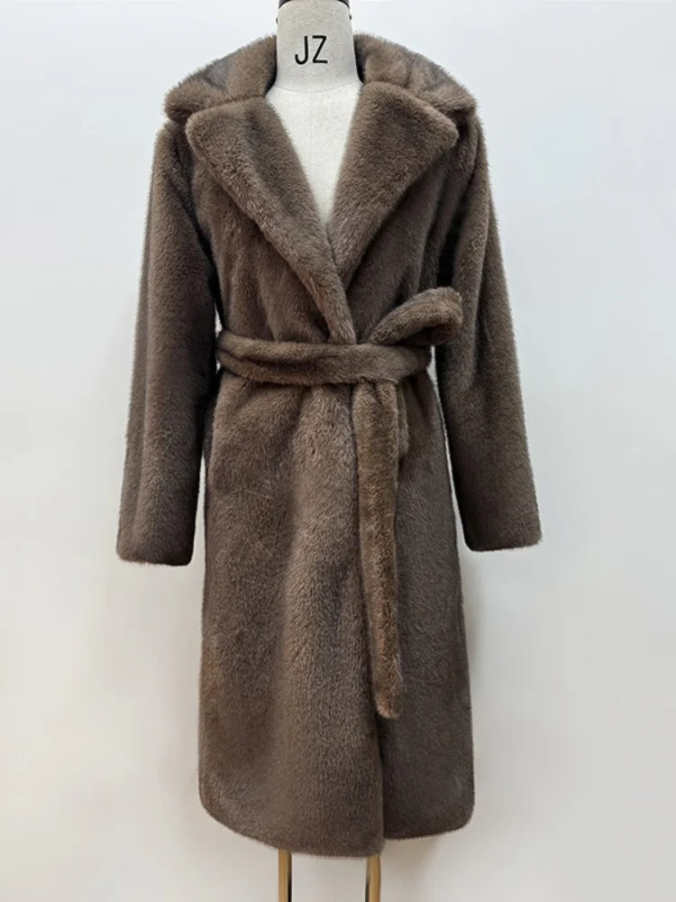 Women Elegant Solid Color Faux Fur Long Coat Notched Collar Belted Waist Loose Oversized Warm Winter Street Thick Outerwears New