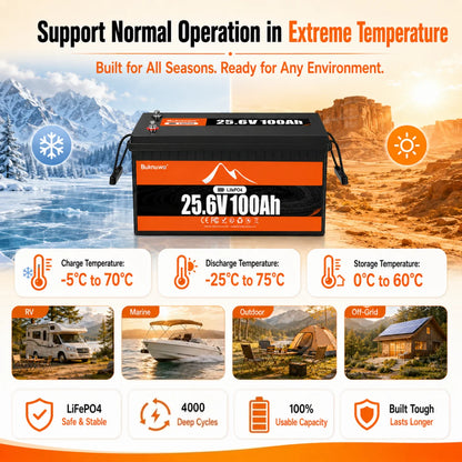 Buknuwo LiFePO4 24V/25.6V 100Ah Lithium Battery With Bluetooth Built-in 100A BMS Grade A Cells 2560Wh Power Energy Storage Battery Low-Temp Protection Capable Of Over 10000 Cycles Support Parallel Battery For Solar,RV,Marine,