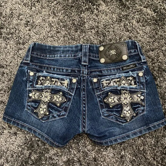Street Y2K Spice Girl Vintage Low Waist Sequins Niche Design Slim Fit Washed Straight Jeans