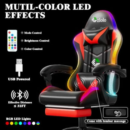 Gaming Chair for Adults and,Racing Style PU Leather Black with RGB LED Lights, Lumbar Massager, High Back Reclining Computer Ch