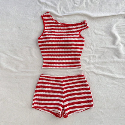 Women's Summer Short Two-piece Set New Vacation Style Striped Slim Fit Slim  Slimming Vest Hip Hugging Short Pants Set For Women