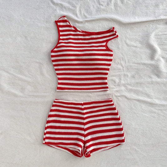 Women's Summer Short Two-piece Set New Vacation Style Striped Slim Fit Slim  Slimming Vest Hip Hugging Short Pants Set For Women