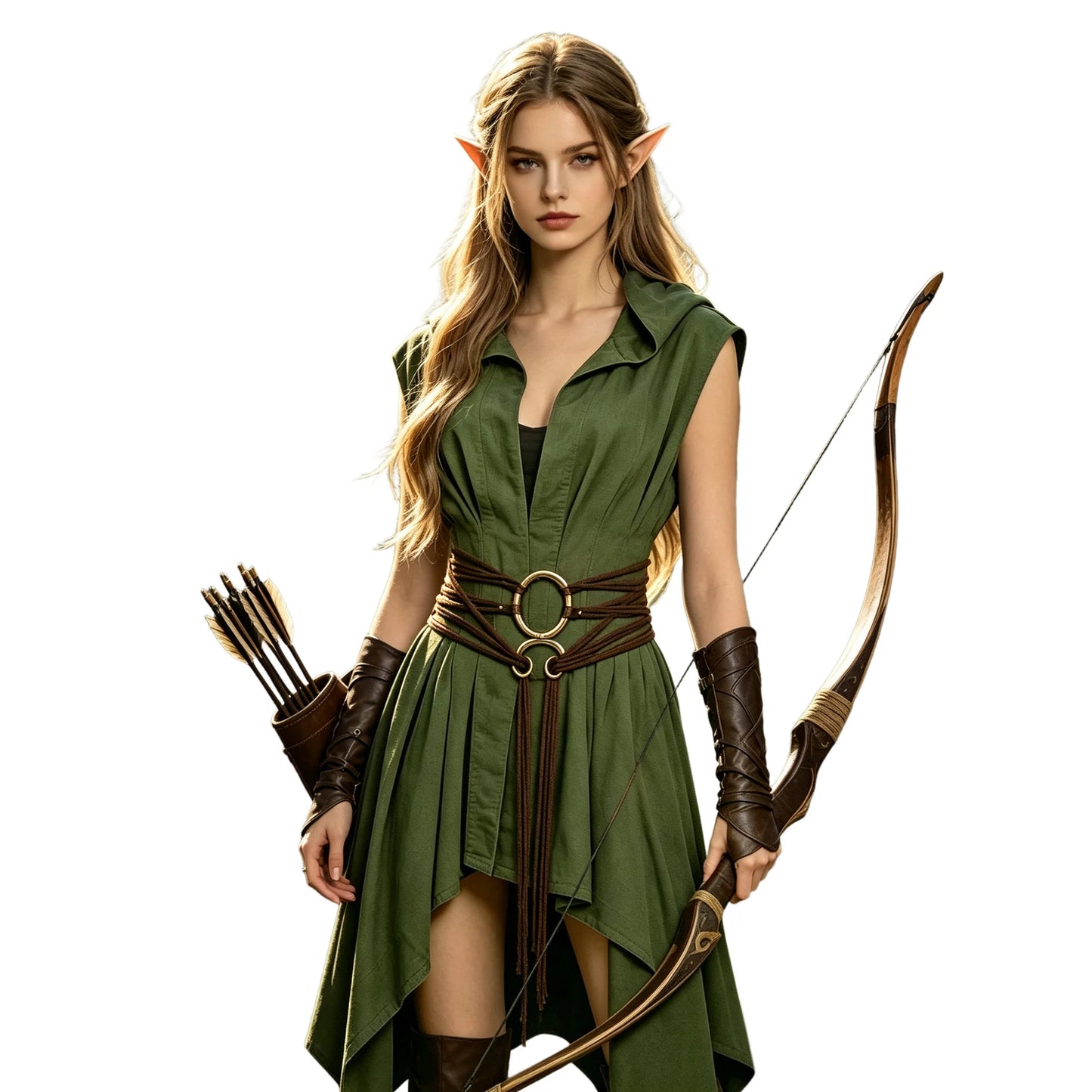 Women Irregular Hem Renaissance Elf Tunic Robe Medieval Ranger Hooded Sleeveless Cloak Belt for LARP Halloween Witch Hunter