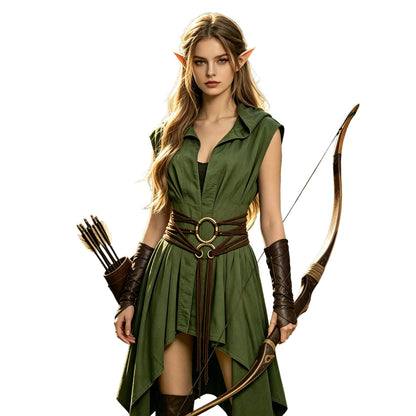 Women Irregular Hem Renaissance Elf Tunic Robe Medieval Ranger Hooded Sleeveless Cloak Belt for LARP Halloween Witch Hunter