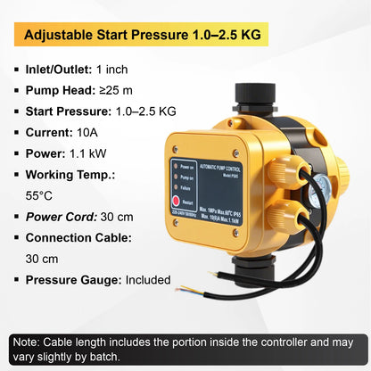 220V Automatic Water Booster Pump Controller Adjustable Pressure Water Pump Pressure Switch Dry Run Protection G1 Inch Thread