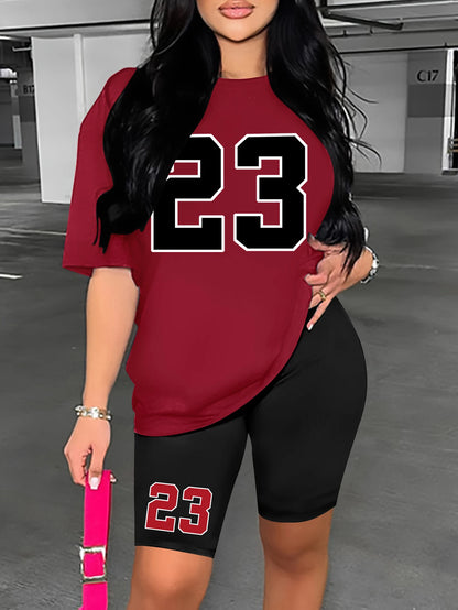 Women's Summer Set Number 23 Print Casual Shorts Set Sports Women's Shirt Shorts 2 Piece Street Wear Set Womens Summer Clothes