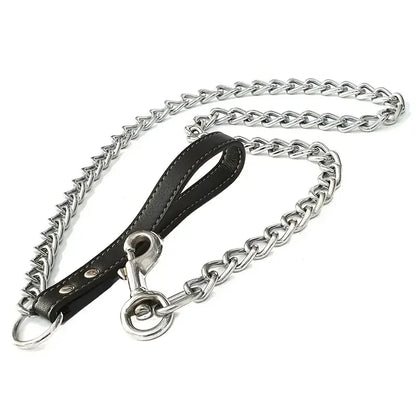 1pc-120cm Anti Bite Dog Chain Leather Handle Chain Durable Metal Anti Chewing Training Dog Leather