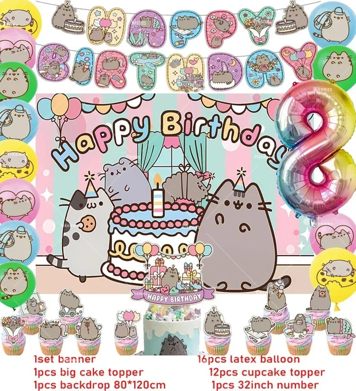 The Pusheen Cat Balloons Birthday Decoration Party Supplies Cartoon Grey Pet Fat Cat Theme Banner Backdrop Cake Topper Sticker