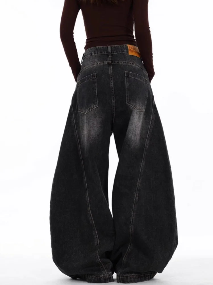 2026 Japanese Y2K Fashion Vintage Black Patchwork Baggy Women's Jeans Pants Wide Leg Woman Clothing Casual Cotton Denim Trousers