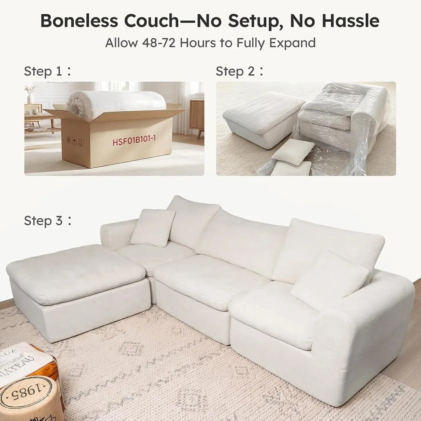 Modular Cloud Sectional Sofa, No Assembly Boneless Couch, High Back Pillows, Living Room & Apartment Durable Fabric, Customized
