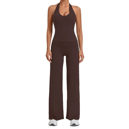 Women Halter V Neck 2Pcs Yoga Outfit Backless Crop Top High Waist Flare Pants Soft Stretch Workout Gym Pilates Casual Tracksuit