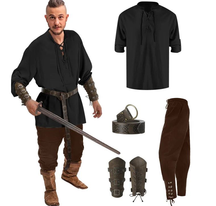 4 Pcs Halloween Men's Renaissance Costume Set Medieval Pirate Shirt Ankle Banded Pants Viking Belt Accessories