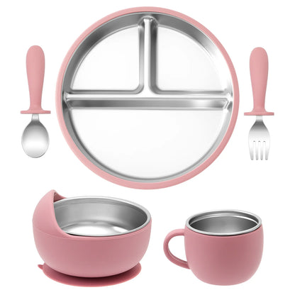 Color Kids 5PCS Baby Feeding Set Stainless Steel Silicone Tableware Sucker Dishes Plate Bowl Training Fork Spoon Infant Cup