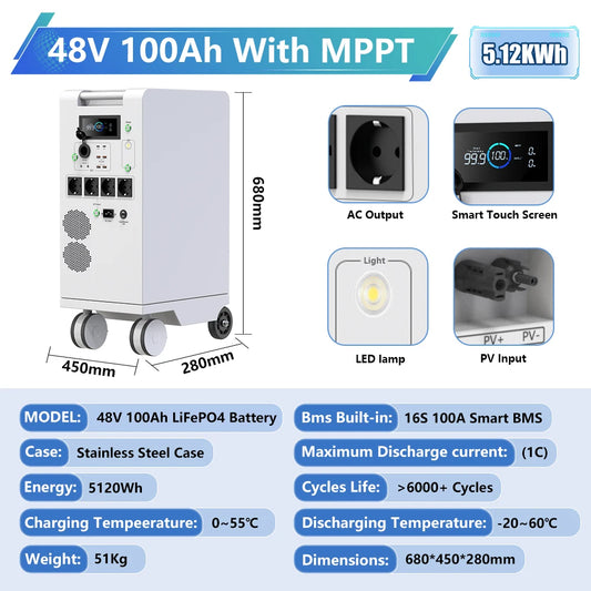 Portable Power Station 5000W LiFePO4 48V 100Ah 5Kwh 6000W MPPT Inverter With Light 18W-USB EU AC Input/Output PV Input EU STOCK