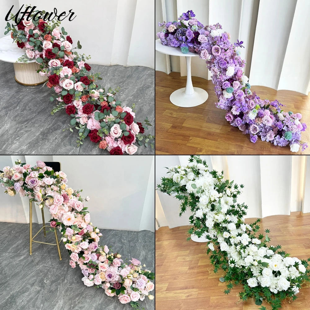 Uflower 2m Luxury Artificial Flowers Wedding Backdrop Table Long Runner Flower Row Floral Backdrop Arrangement Wall Arch Decor