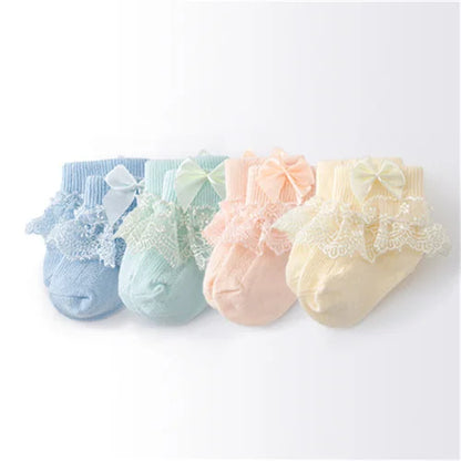 Lawadka 4Pairs/lot Newborn Baby Socks For Girls Cotton Lace Infant Girls Sock Princess Bow Toddler Baby Girls Socks Spring 0-24M