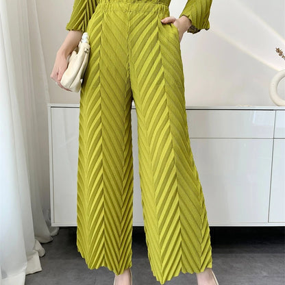 2026 Spring New Women Handmade Pleated Pants Set Comfortable Casual Seven Sleeve T-Shirt Top Loose Wide Leg Pants 2 Piece Set