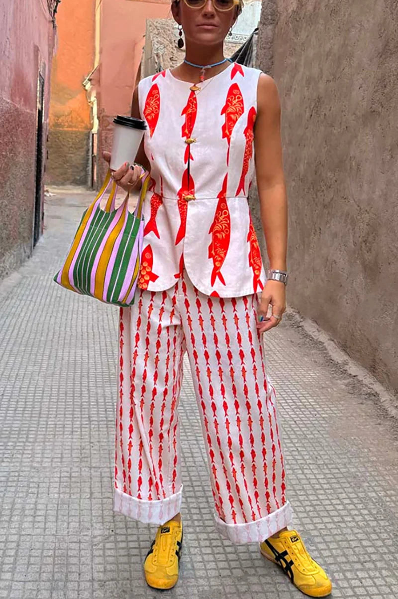Summer Women Cartoon Red Fish Print O Neck Tank Top And Straight Female Long Pants Short Sleeve Shirt Wide Leg Pant 2 Piece Sets