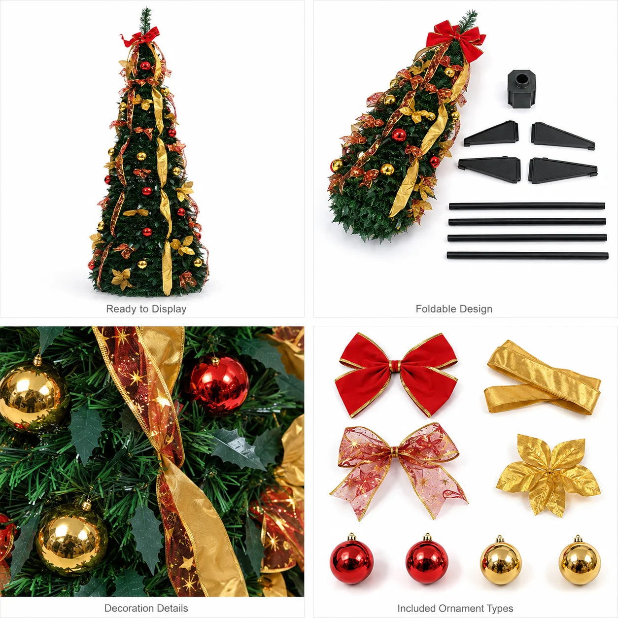 Pre Decorated Foldable Christmas Tree Artificial PVC Xmas Tree 5FT 6FT 7FT with Ornaments Space Saving Design LED Light Option