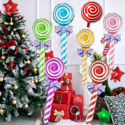 12Pcs Lollipop Foil Balloons with Bow, Swirl Candy Lollipop Handheld Balloon Stick for Candyland Birthday Baby Shower Party Deco