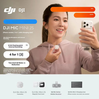 For DJI Mic Mini 2S Wireless Lavalier Mic 1TX/2TX 1RX Built-in Recording 32-bit Float AI Noise Reduction Mic for Camera Phone