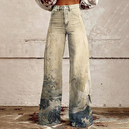 Women's 3D Printed Flare Jeans-Polyester Wide Leg Pants with Distressed Vintage Look, High Waist Comfort Fit for Street Fashion