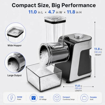 Electric snow cone machine for home, parties and events: stainless steel ice crusher with ice pick and tray, silver finish, pow