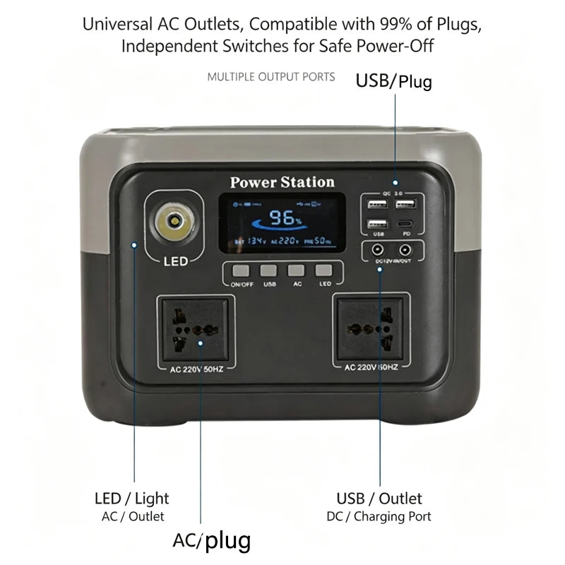 New 800W Portable Power Station 600W/800W 589WH Solar Generator Backup Power Bank for Outdoor Camping, Home Emergency, RV Travel