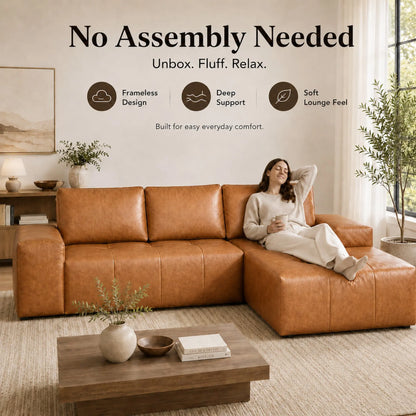 114" Cloud Sectional Sofa with Chaise, L-Shaped Modular Faux Leather Couch, Boneless Deep Seat Sofa No Assembly Needed for Living Room Apartment Bedroom, Brown
