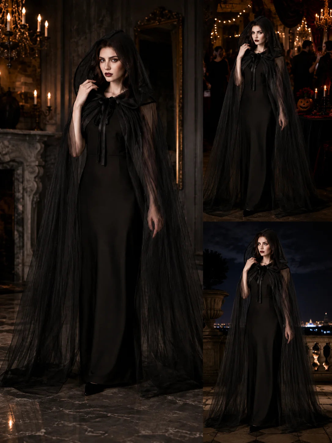 Sheer Tulle Hooded Full‑Length Cape for Women, Lightweight Flowy Gothic Cloak with Neck Tie, Halloween Witch Vampire Cosplay Costume Accessory for Fancy Dress Party Photo Shoot