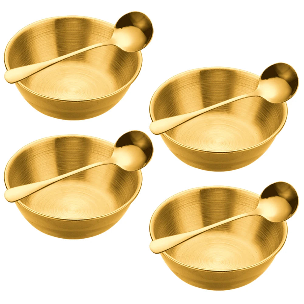 4Pcs Stainless Steel Sauce Dishes and 4Pcs Spoon for Appetizer Seasoning Serving Dishes Sets Tray Spice Plates Kitchen Tableware
