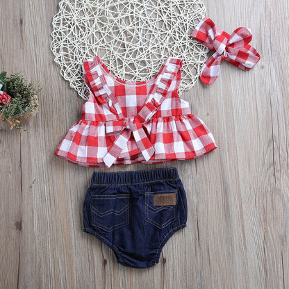 Pudcoco Baby Girls Clothes Sets Red and White Plaid Sleeveless Top Denim Shorts with Headband Toddler Girl Summer Outfits 0-3T