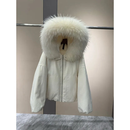 OFTBUY Natural Raccoon Fur Collar Goose Down Jacket Women Cropped Coat Winter Warm Hooded Zipper Windproof Fashion Outerwear