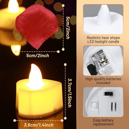 24/48 Pack Heart Shaped LED Tea Lights Candles with Artificial Rose Petals Romantic Night Decorations  for Wedding Anniversary