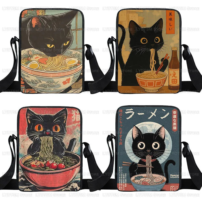 Japanese Black Cat Eating Ramen Print Crossbody Bag Women Shoulder Bag for Travel Phone Wallet Holder Teenager Messenger Bags