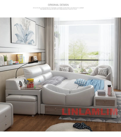 Modern Multifunctional Genuine Leather Platform Bed Frame, King Size Upholstered Family Bed with Integrated Baby Crib, Drawers