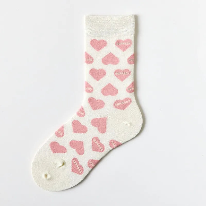 New Women Socks Cute Love With Heart Print Sock Cotton Harajuku Vintage Happy Female Dots Heart Kawaii Sox White Pink Crew Sock