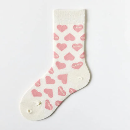 New Women Socks Cute Love With Heart Print Sock Cotton Harajuku Vintage Happy Female Dots Heart Kawaii Sox White Pink Crew Sock