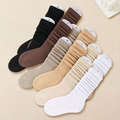 6 pairs of women's mid leg pleated socks, suitable for casual clothing, daily comfortable and soft texture