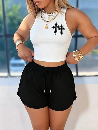 Women's Outfit - Summer Casual Cross Print Solid Color Round Neck Vest Top + Elastic Waist Drawstring Solid Color Shorts Set