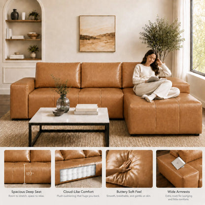 114" Cloud Sectional Sofa with Chaise, L-Shaped Modular Faux Leather Couch, Boneless Deep Seat Sofa No Assembly Needed for Living Room Apartment Bedroom, Brown