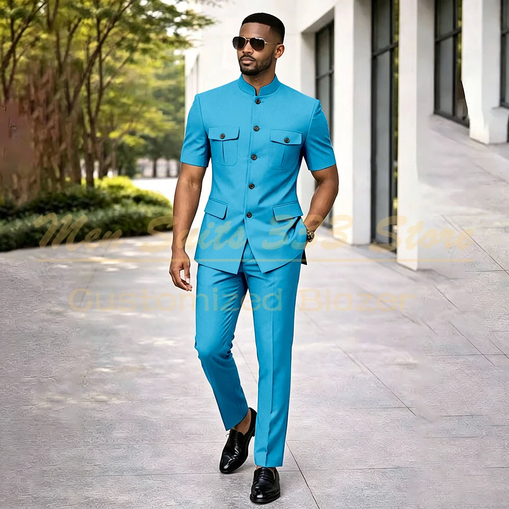 Summer Safari Men's Suits Fashion Regular Fit Short Sleeve Blazer Elegant Luxury Single Breasted 2 Piece Jacket Pants Outfits