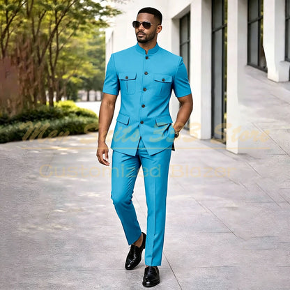 Summer Safari Men's Suits Fashion Regular Fit Short Sleeve Blazer Elegant Luxury Single Breasted 2 Piece Jacket Pants Outfits